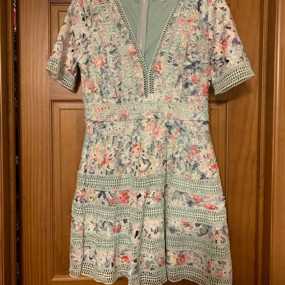 Pale green with pastel floral a line dress.